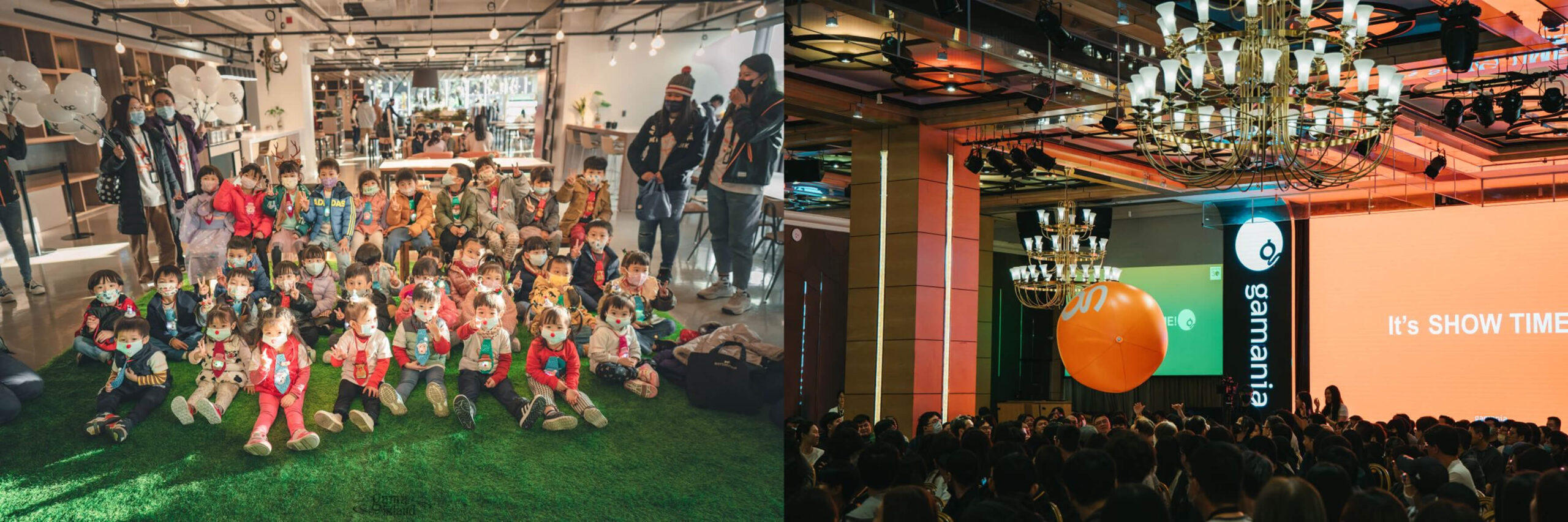 (左) 橘子於2012年設立雙北工業區首家企業附設「幼橘園」，更提供多項育兒福利，減輕新手爸媽負擔。 (右) 橘子同仁可在季度員工大會「全橘總動員」上主動提出需求，透過雙向溝通推動許多現行福利與制度。